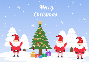 Merry Christmas Cute Cartoon Dwarf little fantasy, Santa Claus And Elves Characters. Tree or Gifts As An Additional Background Vector Illustration