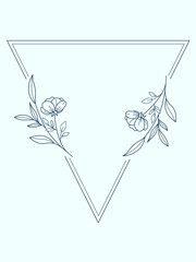 Floral Triangle navy and sky blue. frame of twigs, leaves and flowers. Frames for the Valentine's day, wedding decor, logo and identity template.