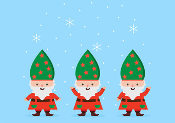 Merry Christmas Cute Cartoon Dwarf little fantasy, Santa Claus And Elves Characters. Tree or Gifts As An Additional Background Vector Illustration