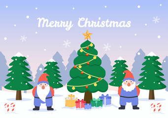 Merry Christmas Cute Cartoon Dwarf little fantasy, Santa Claus And Elves Characters. Tree or Gifts As An Additional Background Vector Illustration