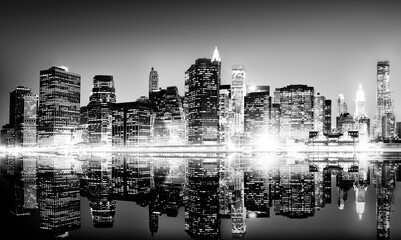 Building Skyscraper Panoramic Night New York City Concept - obrazy, fototapety, plakaty