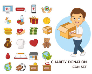 Charity and donation concept flat icons.