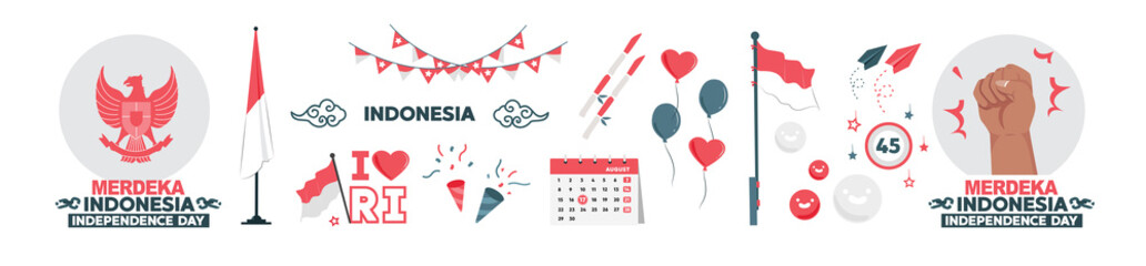 The spirit of Indonesian Independence Day, set of icons to commemorate Indonesian Independence Day. flag, garuda, konveti, bamboo and others August 17 1945, greetings posters and banners