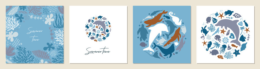 Naklejka premium Set of posters with marine life. Abstract illustration of summer time concept. Underwater set of silhouettes. .Flat vector illustration. Card templates