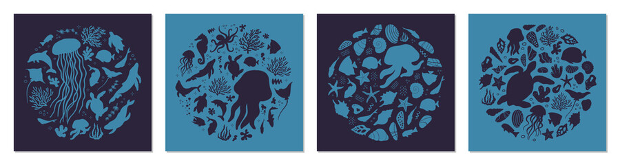 Fototapeta premium Set of posters with marine life. Abstract illustration of summer time concept. Underwater set of silhouettes. .Flat vector illustration. Card templates