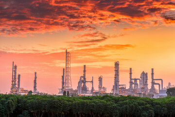 Naklejka premium Process Oil-Gas Refinery Plant Industry, Oil Power and Fossil Energy Manufacturing Factory. Petroleum and Petrochemical Distillation Processing Building. BusinessPetrol Oil-Gas Refinery Industrial