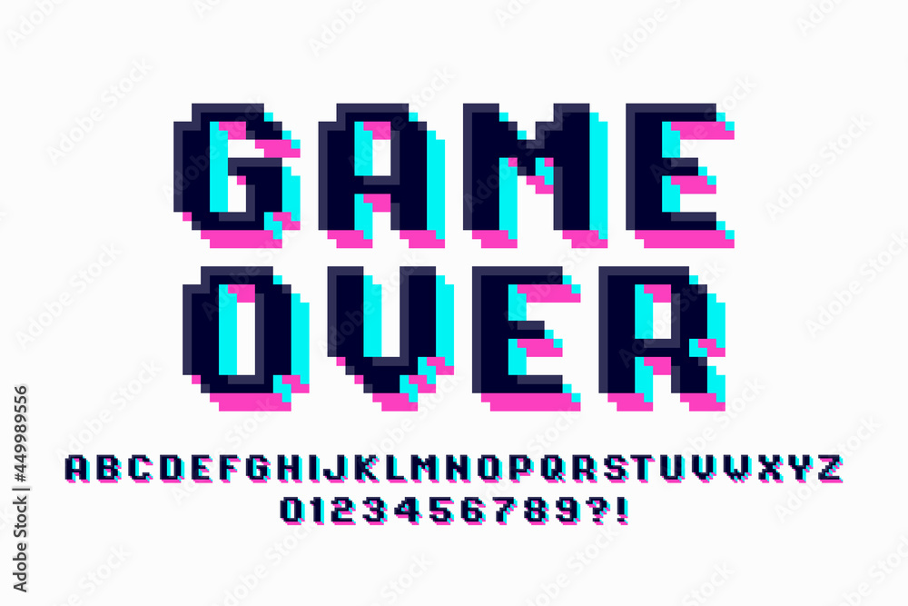 Fototapete pixel retro arcade game style font design, game over, 3d alphabet, letters and numbers vector illust
