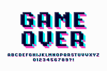 Pixel retro arcade game style font design, game over, 3d alphabet, letters and numbers vector illustration