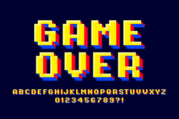 Pixel retro arcade game style font design, game over, 3d alphabet, letters and numbers vector illustration