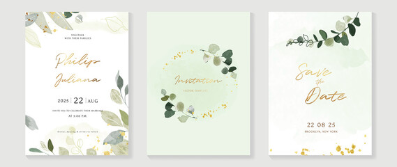 Fototapeta na wymiar Luxury wedding invitation card background with golden line art flower and botanical leaves, Organic shapes, Watercolor. Abstract art background vector design for wedding and vip cover template.