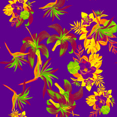 Fototapeta na wymiar Purple Pattern Texture. Lavender Seamless Leaf. Plum Tropical Texture. Yellow Flower Illustration. Violet Decoration Botanical. Spring Botanical. Garden Nature.
