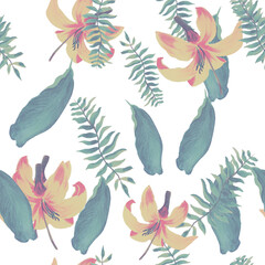 Fototapeta na wymiar Natural Tropical Textile. Yellow Seamless Art. White Pattern Textile. Organic Floral Foliage. Green Wallpaper Exotic. Flora Botanical. Decoration Hibiscus.