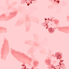 White Seamless Plant. Gray Pattern Palm. Pink Tropical Texture. Coral Flower Nature. Flora Vintage. Watercolor Exotic. Floral Exotic. Summer Foliage.