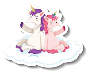 Cute unicorns sitting on the cloud cartoon sticker