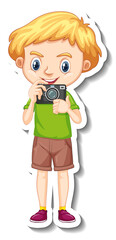 A boy holding camera cartoon character sticker