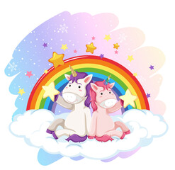 Cute unicorn in the pastel sky with rainbow