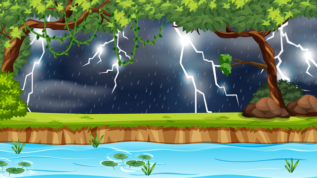 Forest scene with lightning and raining at night