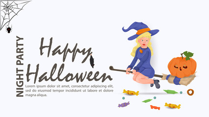 the witch is flying on a broom with a pumpkin flat vector illustration background is isolated