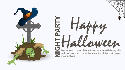 Zombie climbs from the grave on the cross witch hat flat vector illustration background is isolated