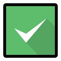 Check marks, Tick marks, Accepted, Approved, Yes, Correct, Ok, Right Choices, Task Completion, Voting. - vector mark symbols in green. Black stroke and shadow design. Isolated icon.
