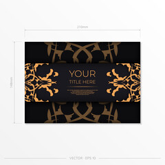 Stylish postcard in black with Indian ornaments. Vector design of invitation card with mandala patterns.