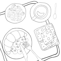 Coloring book anti-stress breakfast with croissant, coffee, cheese