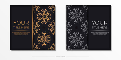 Set of Vector Cooking postcards in black color with Indian patterns. Template for print design invitation card with mandala ornament.