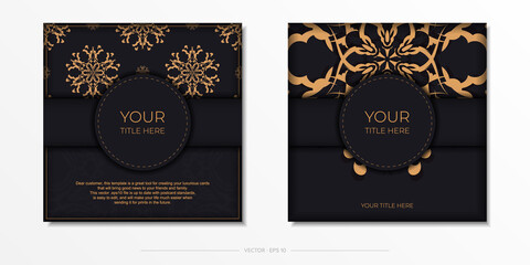 Set of vector postcards in black color with Indian patterns. Invitation card design with mandala ornament.