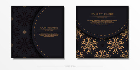 Fototapeta na wymiar Set of vector postcards in black color with Indian patterns. Invitation card design with mandala ornament.