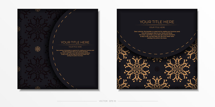 Set of vector postcards in black color with Indian patterns. Invitation card design with mandala ornament.