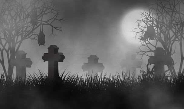 Vintage cemetery in creepy forest at full mooon night