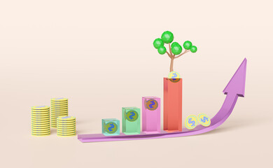 pile coins with tree,arrow,bar graph isolated on pink pastel background.financial success and growth or saving money concept,3d illustration or 3d render