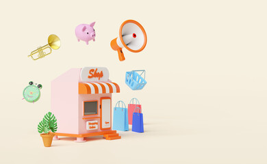 shop store front with orange mobile phone or smartphone,megaphone,piggy bank,clock,paper bags,shopping cart isolated on pink background.Startup franchise business concept ,3d illustration or 3d render