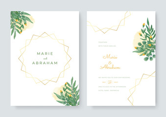 Beautiful floral wreath wedding invitation card template. Abstract art background vector. Luxury invitation card background with golden line art flower and botanical leaves, Organic shapes, Watercolor