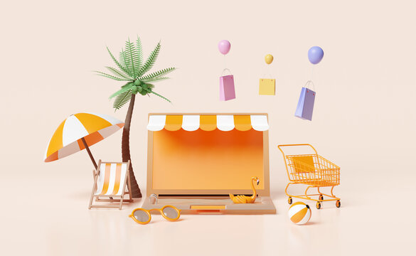 orange laptop computer monitor with store front,beach chair,umbrella,Inflatable flamingo,palm leaf,shopping cart,paper bags,online shopping summer sale concept, 3d illustration or 3d render