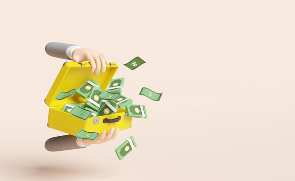 pile dollar banknote in yellow suitcase with cartoon character businessman hands isolated on pink background,investment or business finance concept,3d illustration or 3d render