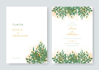 Watercolor vector set wedding invitation card template design with green leaves. Elegant watercolor wedding invitation card with greenery leaves. White green wedding invitation with golden lines
