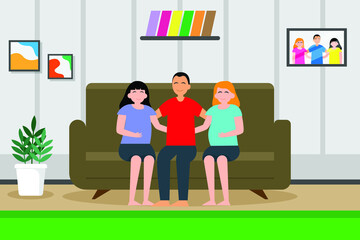 Polygamy vector concept: Young husband sitting with his two pregnant wives on the sofa while enjoying leisure time