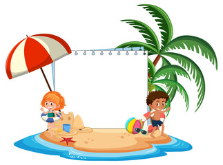 Obraz na płótnie Canvas Empty banner template with kids character on summer vacation at the beach on white background