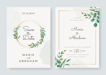 Watercolor vector set wedding invitation card template design with green leaves. Elegant watercolor wedding invitation card with greenery leaves. White green wedding invitation with golden lines