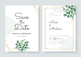 Watercolor vector set wedding invitation card template design with green leaves. Elegant watercolor wedding invitation card with greenery leaves. White green wedding invitation with golden lines