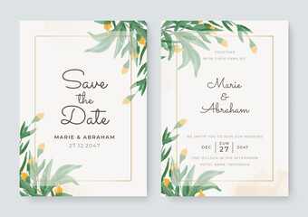 Watercolor vector set wedding invitation card template design with green leaves. Elegant watercolor wedding invitation card with greenery leaves. White green wedding invitation with golden lines