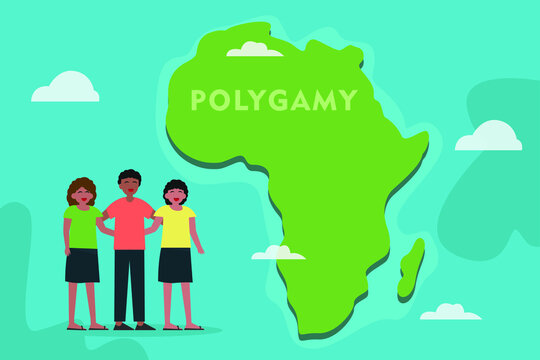 Polygamy vector concept: Young husband standing with his two wives while standing with polygamy continent
