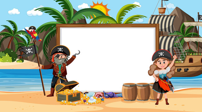 Empty banner template with pirates at the beach daytime scene