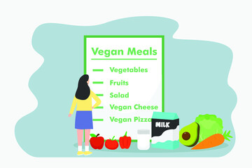 Healthy food vector concept: Young woman looking at list of vegan meals while standing with healthy foods and drink