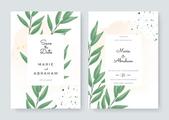 Wedding invitation set with abstract and green leaves flower watercolor background