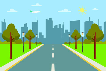 Road scenery vector concept: Asphalt road toward the city with airplane on the blue sky