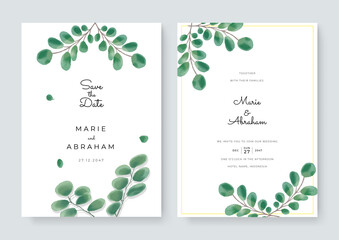 Wedding invitation set with abstract and green leaves flower watercolor background