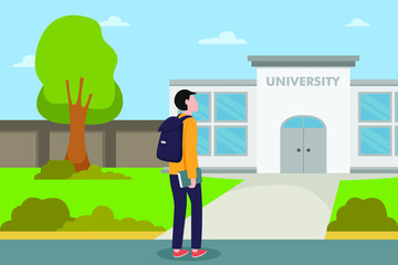 University students vector concept: Male college student walking to the class while carrying backpack and textbook