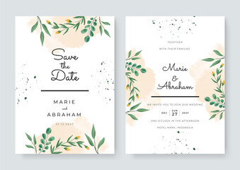 Fototapeta na wymiar Wedding invitation set with abstract and green leaves flower watercolor background